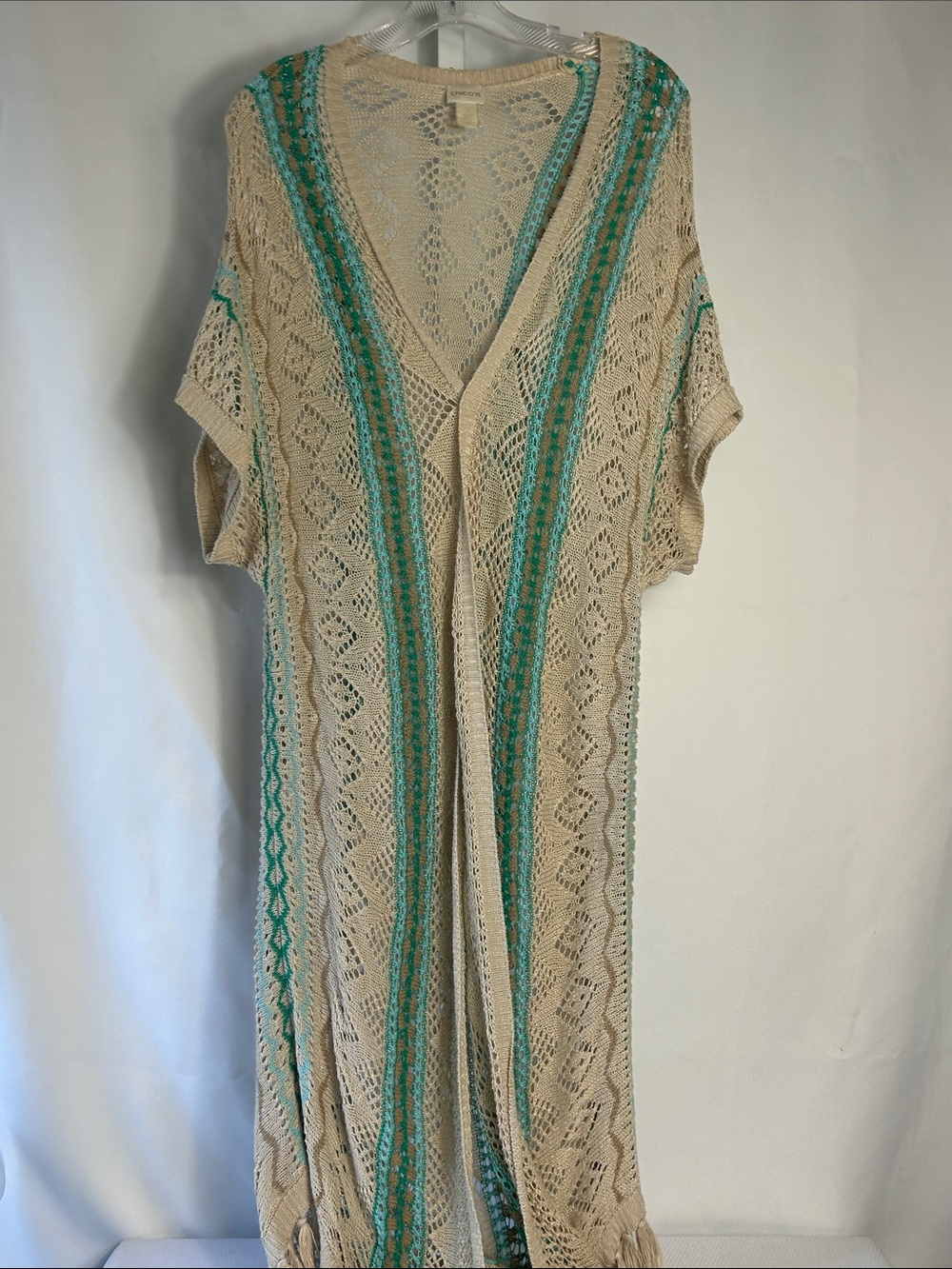 Chico’s Size Large Open Front Long Tan Green Blue Crocheted Cover Boho Top